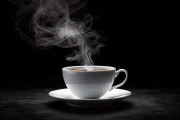 Aromatic morning. Vintage style close up of espresso steam in coffee cup on dark background. Steamy delight. Aroma and flavor in vintage - Powered by Adobe