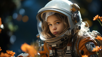Child cosmonaut in a space suit investigating a strange alien planet. - obrazy, fototapety, plakaty