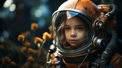 Child astronaut in a space suit investigating a strange alien planet. - obrazy, fototapety, plakaty