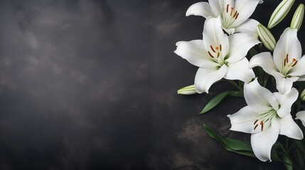 Obraz premium branch of white lilies flowers on dark stone background, condolence card with copy space for text