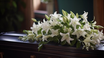coffin is decorated with branch of white lilies flowers, funeral scene