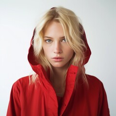 Fototapeta premium Portrait of a blonde hair white girl wear red clothes with a sad expression against white background, AI generated, background image