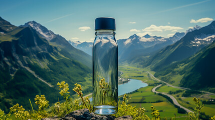 a bottle of clean water on the background of mountains
