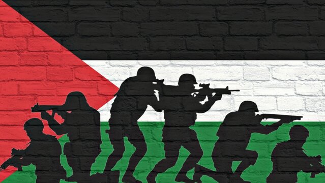Graffiti group of soldiers with Palestine flag on wall. Hamas soldiers with Palestine flag on wall. Palestinian people against Israeli occupation
