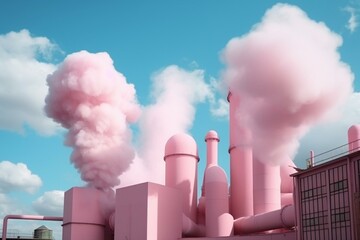 Pink factory pipes against blue sky with cotton candy smoke. Whimsical industrial style. Generative AI