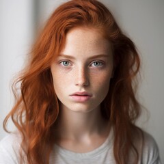 Fototapeta premium Portrait of a red hair white girl with Sorrow expression against white background, AI generated, background image