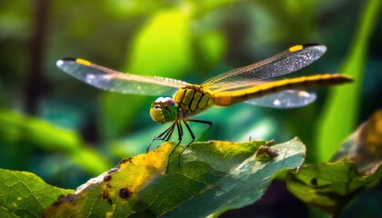 Éclat estival : libellule dorée se reposant sur une feuille verdoyante