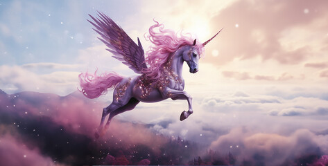 flying horse in the sky, violet unicorn sparkly horn flying magical