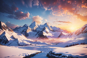 winter sunset mountain background - obrazy, fototapety, plakaty