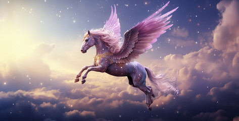 horse in the sky, violet unicorn sparkly horn flying magical - obrazy, fototapety, plakaty