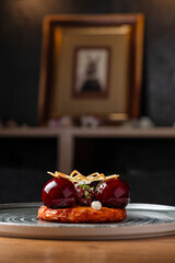 Chicken liver pate. Delicious. Dish serving in a restaurant, menu food concept.