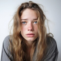 Fototapeta premium Portrait of a white girl with Heartbroken expression against white background, AI generated, background image