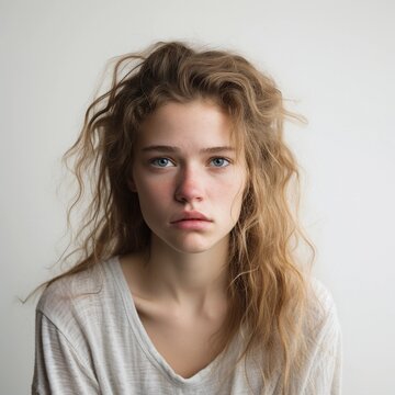 Portrait of a white girl with Heartbroken expression against white background, AI generated, background image