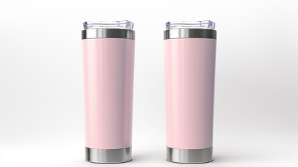 Set of Blank Empty Stainless Steel Pink Tumbler Cup with Lid, Isolated on White Background. Water Bottle, Product Mock-up - Coffee or Tea Tumbler, Travel Cup, 3D Render, Packaging. Generative AI.