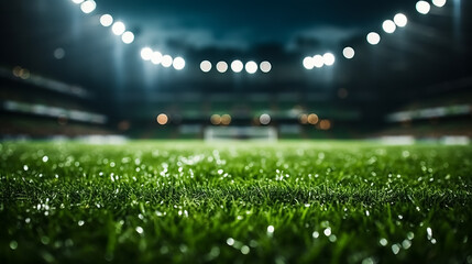 Soccer stadium. Football stadium with lights. Grass close up in sports arena like background. High quality photo.