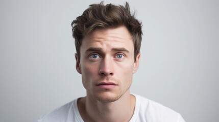 Fototapeta premium Portrait of a white male with Heartbroken expression against white background, AI generated, background image