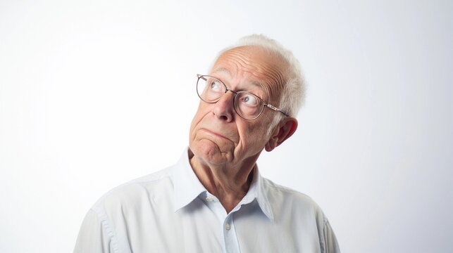 Portrait of a white old male with thinking out loud expression against white background, AI generated, background image