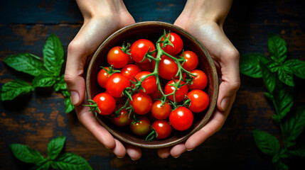 Hands holding a small bowl with fresh cherry tomatoes - obrazy, fototapety, plakaty