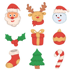 Set of elements for Christmas design, Christmas collection of seasonal elements with Santa and snowman, hand drawn items, vector design