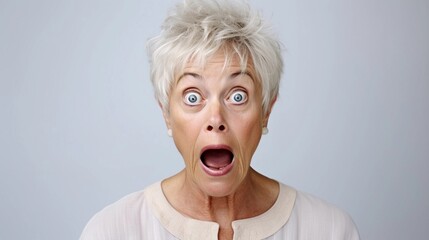 Portrait of an old white female with Shocked expression against white background, AI generated, background image - obrazy, fototapety, plakaty