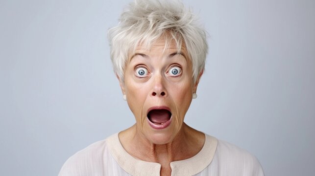 Portrait of an old white female with Shocked expression against white background, AI generated, background image