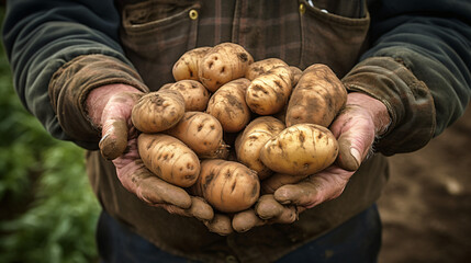 Hands holding freshly harvested potatoes - obrazy, fototapety, plakaty