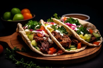 Delicious taco or donair with veggies, salad, sauces. Dark background. Generative AI - obrazy, fototapety, plakaty