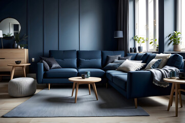 Dark blue sofa in scandinavian apartment. Interior design of modern living room