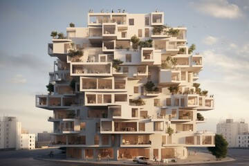 A visual representation of an apartment building design. Generative AI