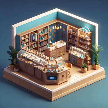 Jewelry shop with cutaway isometric low poly art 3d style
