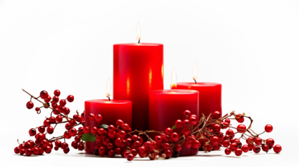 Christmas Burning Red Candles decorated with red berries, on transparent png. Ai generative.