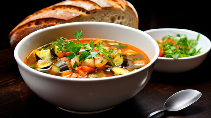 Hearty vegetable soup with white bread