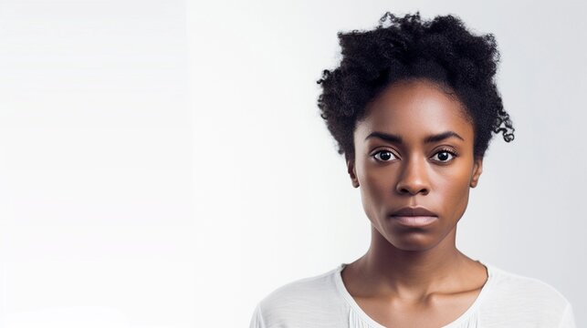 Portrait of a black female with sad expression against white background, AI generated, background image