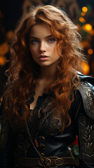 Strong female fantasy character. Woman in dark outdoor surroundings.