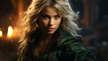 Strong female fantasy character. Woman in dark outdoor surroundings.