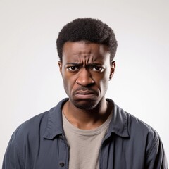 Obraz premium Portrait of a black male with frustrated expression against white background, AI generated, background image