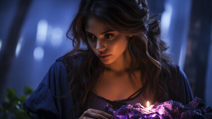 Female fantasy character, sorceress or wizard in dark surroundings.