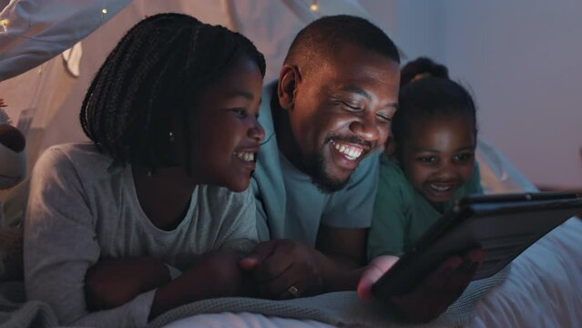Bed, night and girls with father, tablet and happiness with cartoon, home and laughing with connection. Black family, parent and dad with children, humor and kids with technology, relax and internet