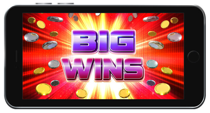 A smartphone screen in landscape mode featuring a poster advertising big wins. 3D rendered illustration.