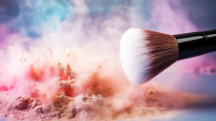 Soft makeup brush explodes into a cloud of light pink powder on a light background. Generative AI