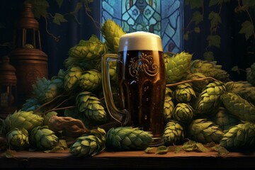 background featuring beer and hops. Generative AI