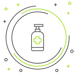 Line Bottle of liquid antibacterial soap with dispenser icon isolated on white background. Antiseptic. Disinfection, hygiene, skin care. Colorful outline concept. Vector