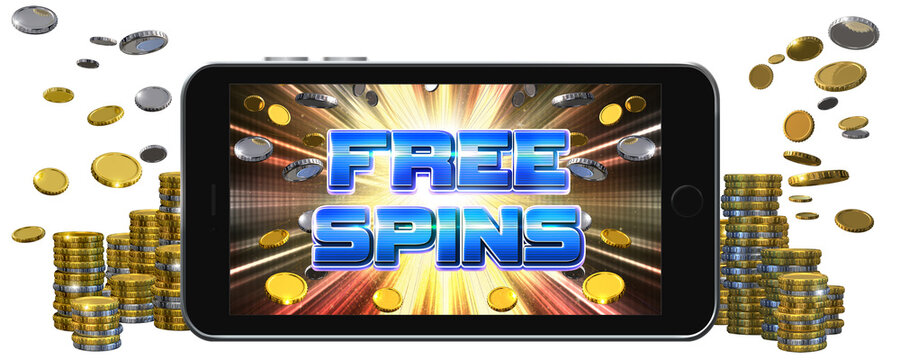 A smartphone screen in landscape mode displaying a poster advertising free spins. 3D rendered illustration.