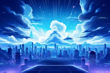 Highway to Cyberpunk futuristic town. Neon retro city landscape. Sci-fi background abstract digital architecture.