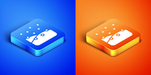 Isometric Snowfall icon isolated on blue and orange background. Snow falling winter snowflakes christmas new year. Merry Christmas and Happy New Year. Square button. Vector
