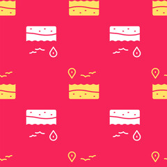 Yellow Location with beach icon isolated seamless pattern on red background. Tropical beach landscape. Good sunny day. Vector