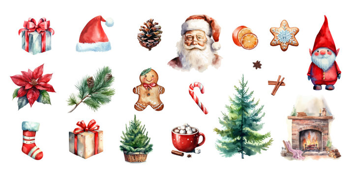 Set of christmas watercolor elements. Holidays clipart for christmas card, sticker and print.
