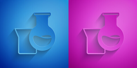 Paper cut Oil petrol test tube icon isolated on blue and purple background. Paper art style. Vector