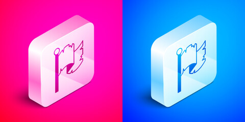 Isometric Pirate flag icon isolated on pink and blue background. Silver square button. Vector