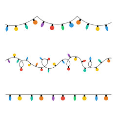 Christmas lights set on a white background. Garlands with colored bulbs. Vector illustration. Happy New Year decoration. Colorful lights